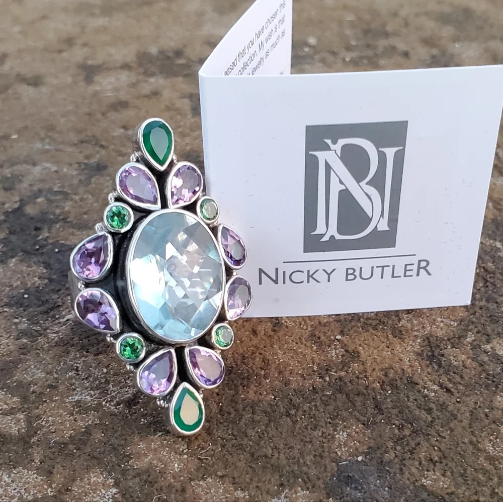 Nicky Butler Aqua Quartz Amethyst Chalcedony 925 Sterling Silver Size 10.5 Ring